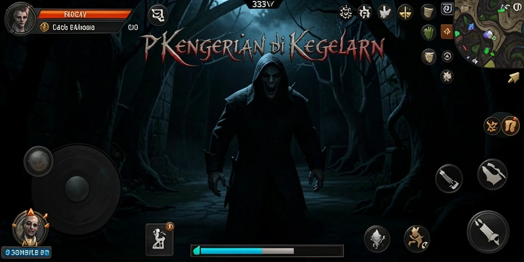 Tampilan gameplay menakutkan dalam suasana gelap dan misterius.