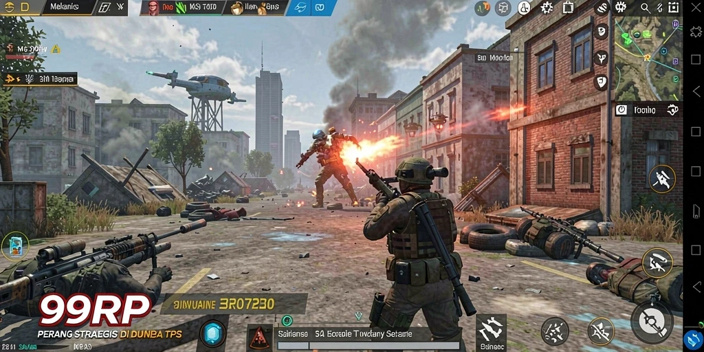 Screenshot gameplay <strong>99RP</strong> menampilkan aksi mendebarkan dalam pertempuran TPS.