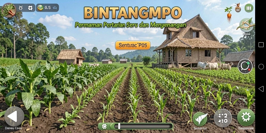 Screenshot utama BINTANGMPO menampilkan aktivitas bertani yang seru.