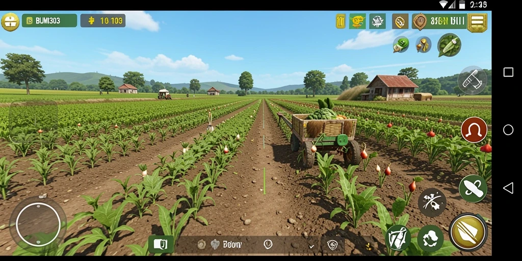 Screenshot gameplay BUMI303 menampilkan lahan pertanian yang subur dan interaktif.