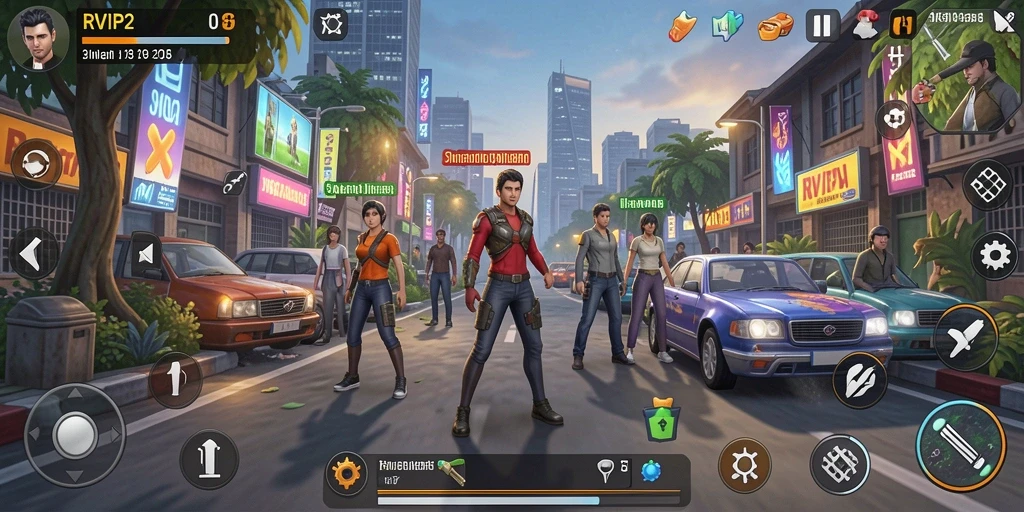 Tangkapan layar utama RVIP2 menampilkan gameplay simulasi kehidupan yang dinamis.